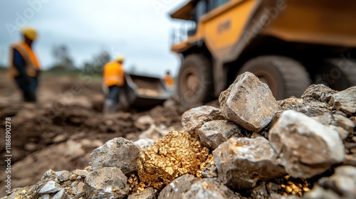 Gold mining operation with machinery and workers.