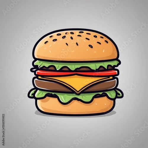 Cartoon cheeseburger, color drawing and black and white line icon. Cute and simple burger symbol, clipart illustration.