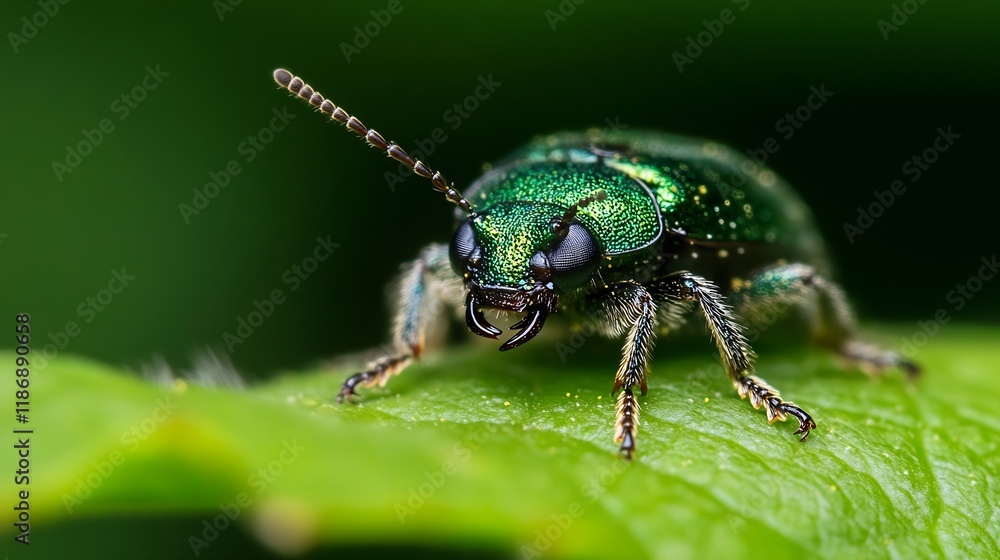Macro Shot of Shiny Green Beetle on Leaf in Natural Habitat Environment : Generative AI Macro Shot of Shiny Green Beetle on Leaf in Natural Habitat Environment : Generative AI