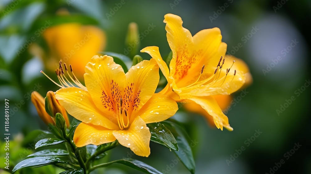 Closeup of Vibrant Yellow Lily Flowers in Bloom with Water Droplets in Nature : Generative AI Closeup of Vibrant Yellow Lily Flowers in Bloom with Water Droplets in Nature : Generative AI