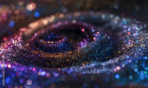 A swirling holographic glitter effect reflects vibrant colors over a dark gradient