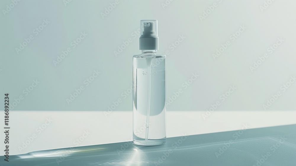 A delicate, transparent bottle of face toner with a minimalistic design, sitting gracefully on a pristine white background. The clear liquid inside is subtly illuminated. A delicate, transparent bottle of face toner with a minimalistic design, sitting gracefully on a pristine white background. The clear liquid inside is subtly illuminated.
