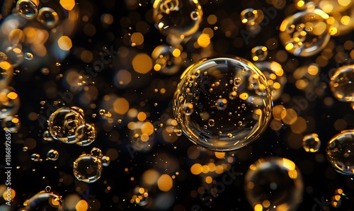 Warm golden bubbles float gracefully against a deep black, exuding luxury