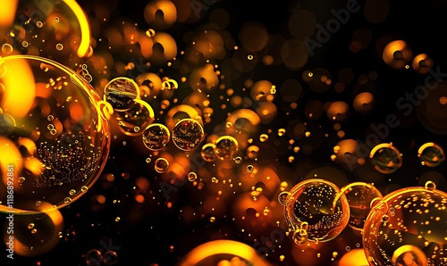 Floating golden bubbles on black evoke a sense of elegance and sophistication