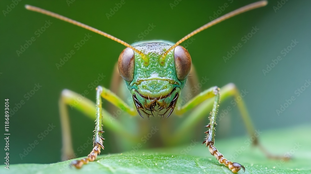 Macro Close Up of Green Grasshopper on Leaf with Blurred Background : Generative AI Macro Close Up of Green Grasshopper on Leaf with Blurred Background : Generative AI