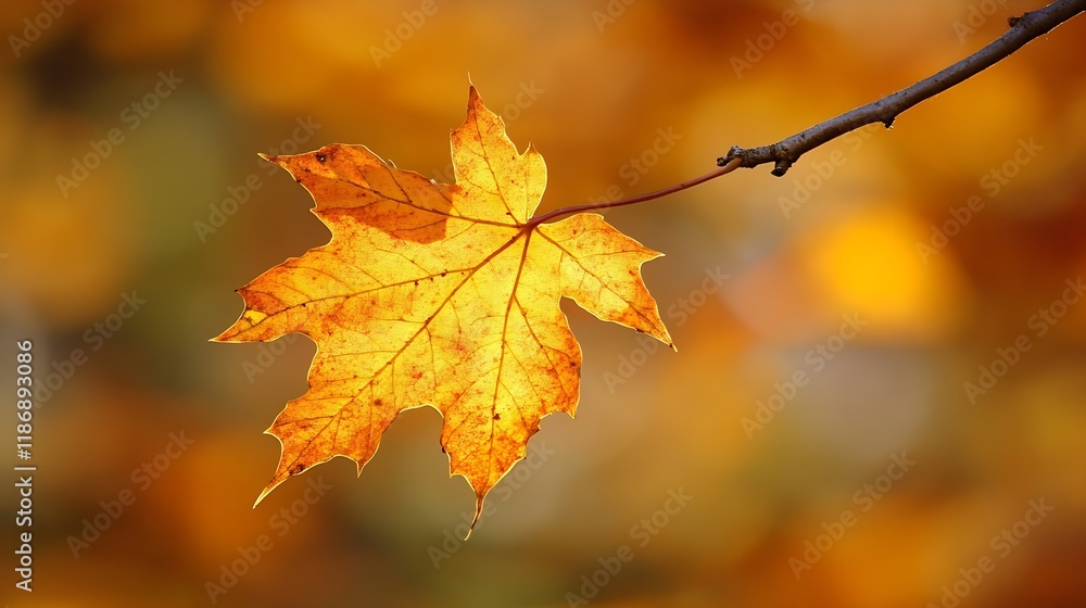CloseUp of a Single Autumn Leaf on a Tree Branch with a Soft Bokeh Background : Generative AI CloseUp of a Single Autumn Leaf on a Tree Branch with a Soft Bokeh Background : Generative AI