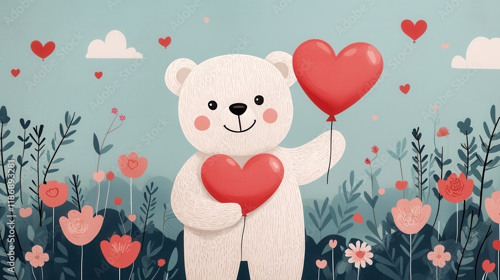 Obraz premium Valentine bear with romance and joy idea. Cute bear holding hearts in a floral landscape.