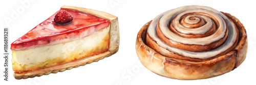 Delicious dessert watercolor, cheesecake slice, cinnamon roll, vibrant colors, food illustration, bakery art.