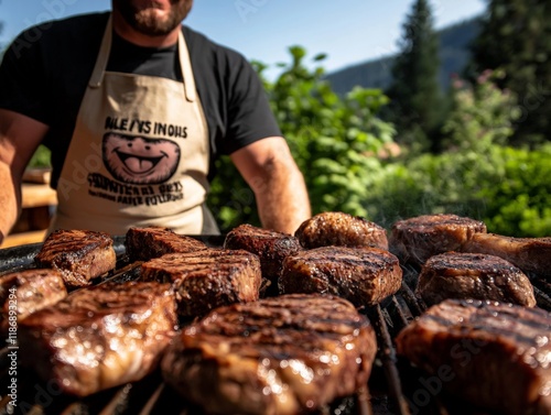 A father grilling juicy steaks outdoors on a sunny day, wearing an apron with a funny slogan, surrounded by lush greenery and enjoying a summer barbecue