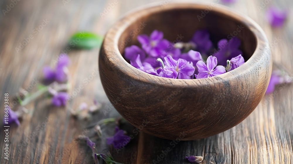Rustic Wooden Bowl Filled with Fresh Purple Blossoms on Wooden Table : Generative AI Rustic Wooden Bowl Filled with Fresh Purple Blossoms on Wooden Table : Generative AI