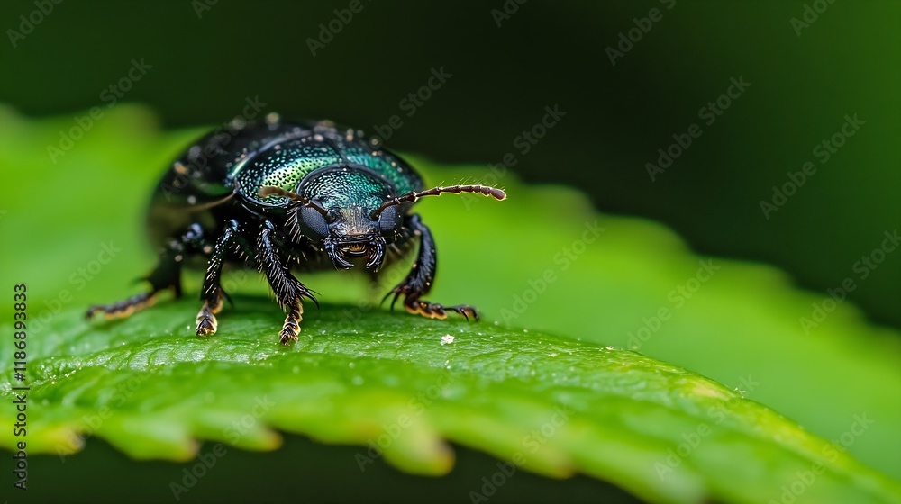 Macro CloseUp of Green Beetle Resting on Leaf in Natural Habitat : Generative AI Macro CloseUp of Green Beetle Resting on Leaf in Natural Habitat : Generative AI
