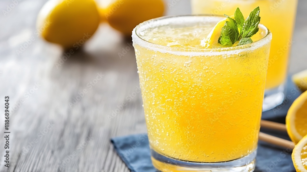 Fototapeta premium Refreshing Icy Lemon Drink with Slices and Fresh Mint on Rustic Table : Generative AI