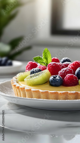 Photorealistic view of fruit tart with colorful berries and vanilla custard