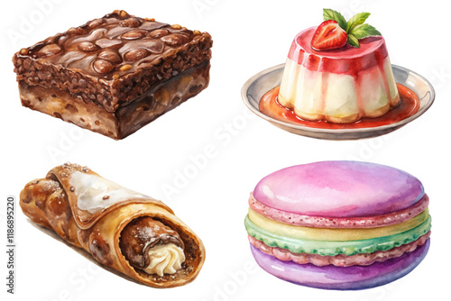 Delicious desserts, watercolor illustrations, sweet treats, colorful pastries, gourmet confections, artistic food presentation.