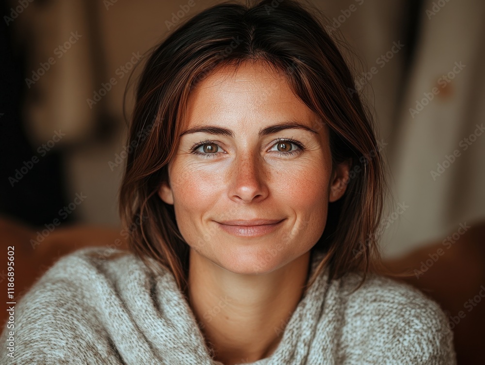 Woman with a warm smile sitting indoors in cozy attire, exuding confidence and comfort in a relaxed atmosphere during the day Woman with a warm smile sitting indoors in cozy attire, exuding confidence and comfort in a relaxed atmosphere during the day
