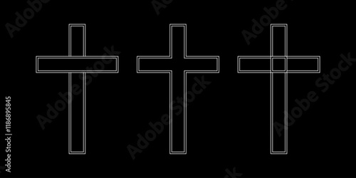 Religion symbols set on a black background. Christian cross vector symbol flat and outline style. Crucifix. Jesus Christ. Vector illustration