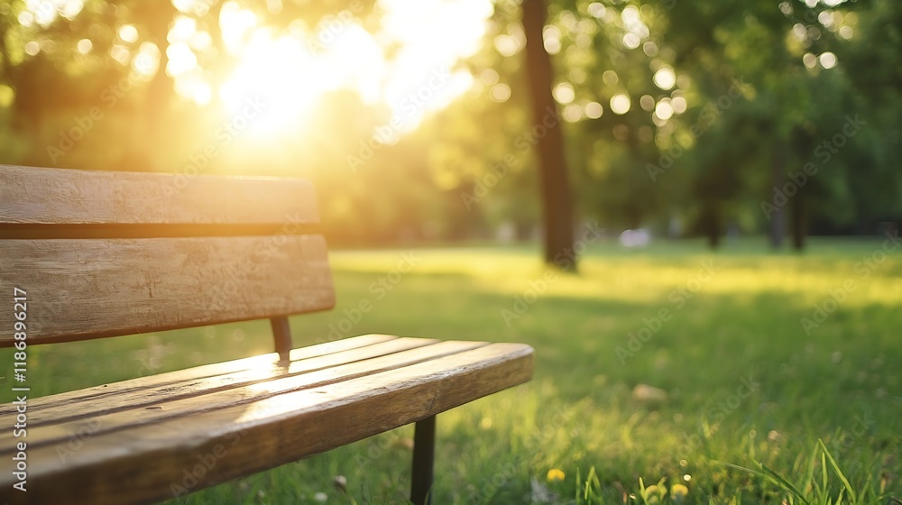 Fototapeta premium Serene Park Bench Illuminated by Golden Hour Sun with Greenery in Background : Generative AI