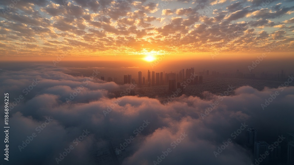 Cityscape Sunset Above the Clouds: Aerial View of a Metropolis Bathed in Golden Hour Light Cityscape Sunset Above the Clouds: Aerial View of a Metropolis Bathed in Golden Hour Light