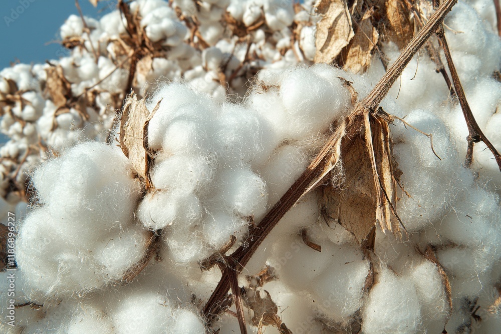 Cotton bolls grow in fields under a clear sky, showcasing their soft texture and agricultural significance in the flowering stage Cotton bolls grow in fields under a clear sky, showcasing their soft texture and agricultural significance in the flowering stage