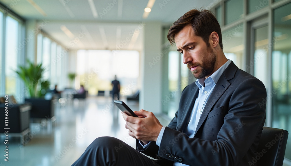 Fototapeta premium Annoyed clerk Businessman checking smartphone in modern office lobby