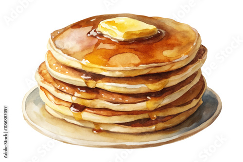 Delicious pancakes stack, golden syrup drizzle, butter melting, breakfast food art, watercolor style, inviting presentation.