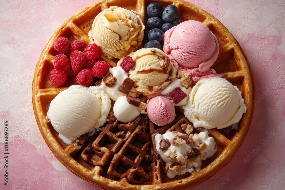Delicious dessert platter featuring waffles topped with various ice cream flavors and fresh berries Delicious dessert platter featuring waffles topped with various ice cream flavors and fresh berries