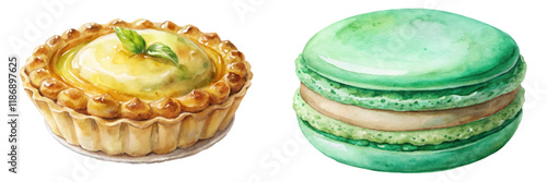 Delicious lemon tart, vibrant green macaron, watercolor illustration, dessert art, sweet treats, bakery design.
