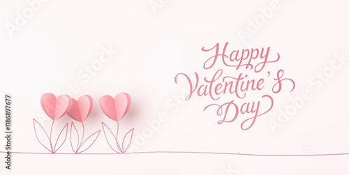 Valentine's Day postcard with papertulips flowers and calligraphy text on white background. Vector pink symbols of love in shape of heart for greeting card, cover, label design