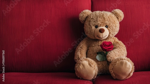 Valentine bear with romance and joy idea. Teddy bear holding a rose on a red couch.