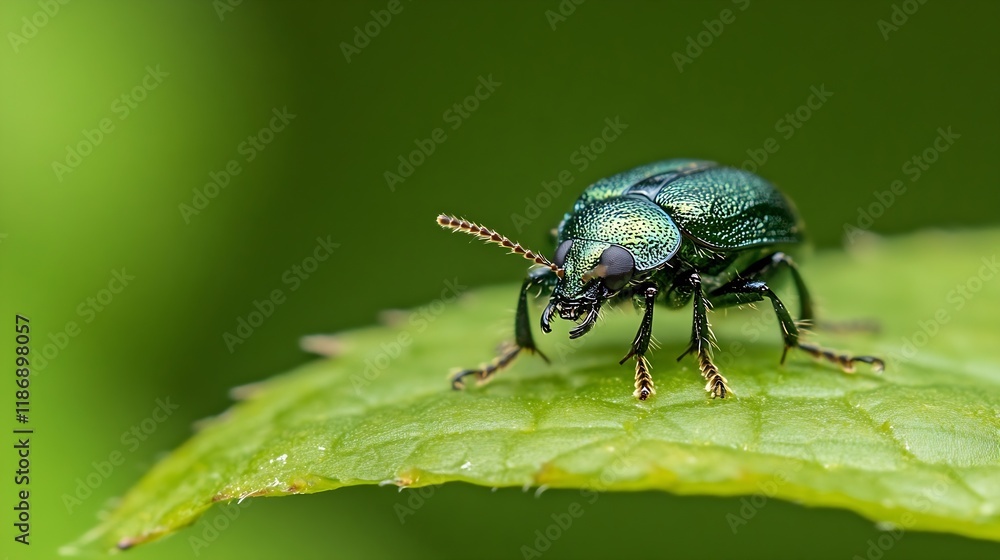Closeup of Metallic Green Beetle on Leaf with Blurred Green Background : Generative AI Closeup of Metallic Green Beetle on Leaf with Blurred Green Background : Generative AI