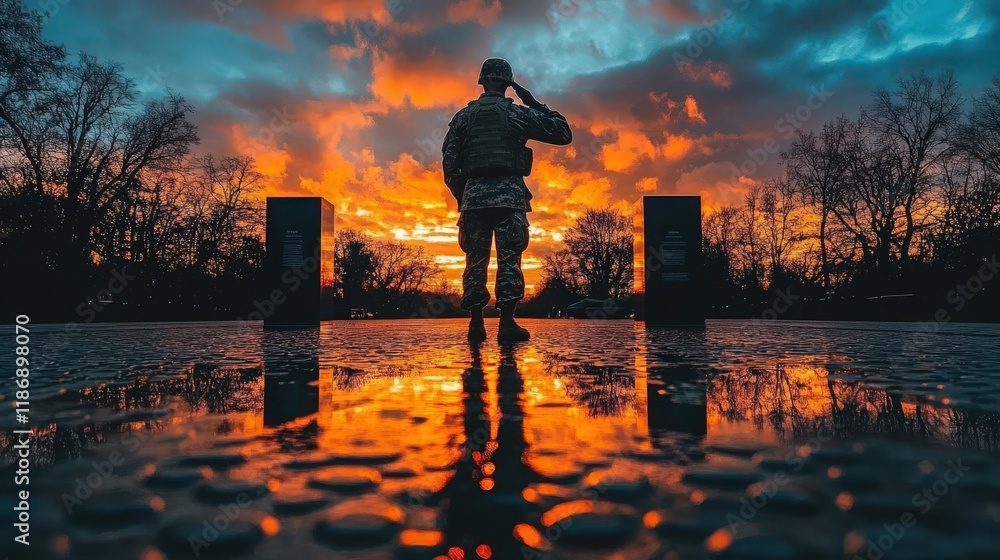 Fototapeta premium Soldier Saluting at Sunset with Reflections in Water, Dramatic Sky Colors and Silhouette Against Vibrant Background, Honoring Service and Sacrifice
