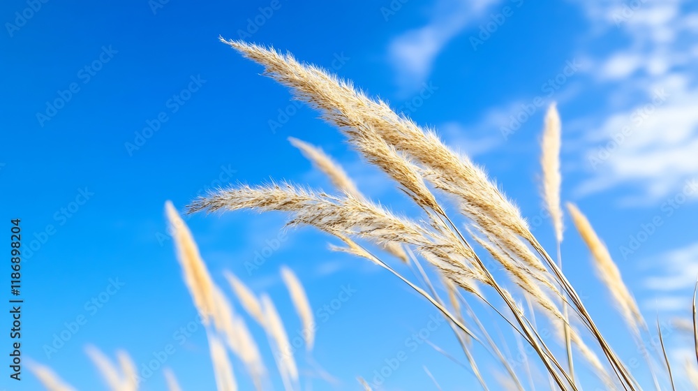 Golden Wheat Stems Swaying Against Vivid Blue Sky and White Clouds in Open Field : Generative AI Golden Wheat Stems Swaying Against Vivid Blue Sky and White Clouds in Open Field : Generative AI