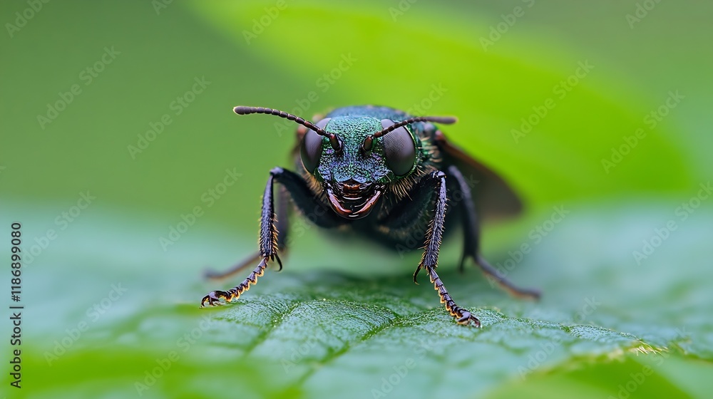 Fototapeta premium Macro Photography of a Vibrant Insect on Leaf Against Green Background : Generative AI