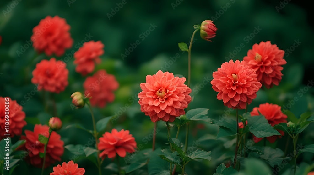 Coral Dahlias Bloom Abundantly In Lush Green Foliage Coral Dahlias Bloom Abundantly In Lush Green Foliage