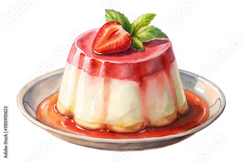 Delicious strawberry dessert, creamy panna cotta, vibrant colors, artistic watercolor style, perfect for food photography.
