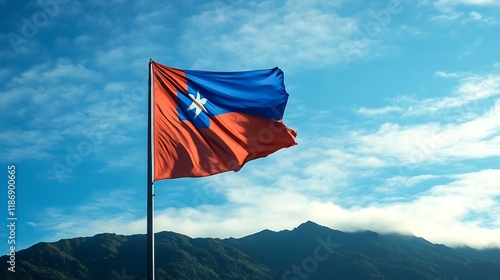Vibrant Flag of Taiwan Waving Against Majestic Mountain and Blue Sky Backdrop : Generative AI