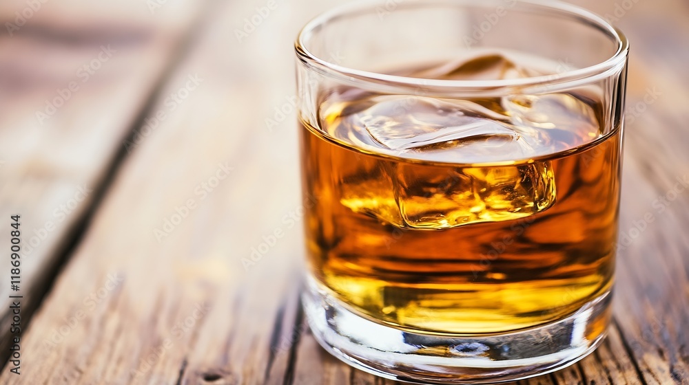Closeup of Whiskey with Ice Cubes in Glass on Wooden Table : Generative AI Closeup of Whiskey with Ice Cubes in Glass on Wooden Table : Generative AI