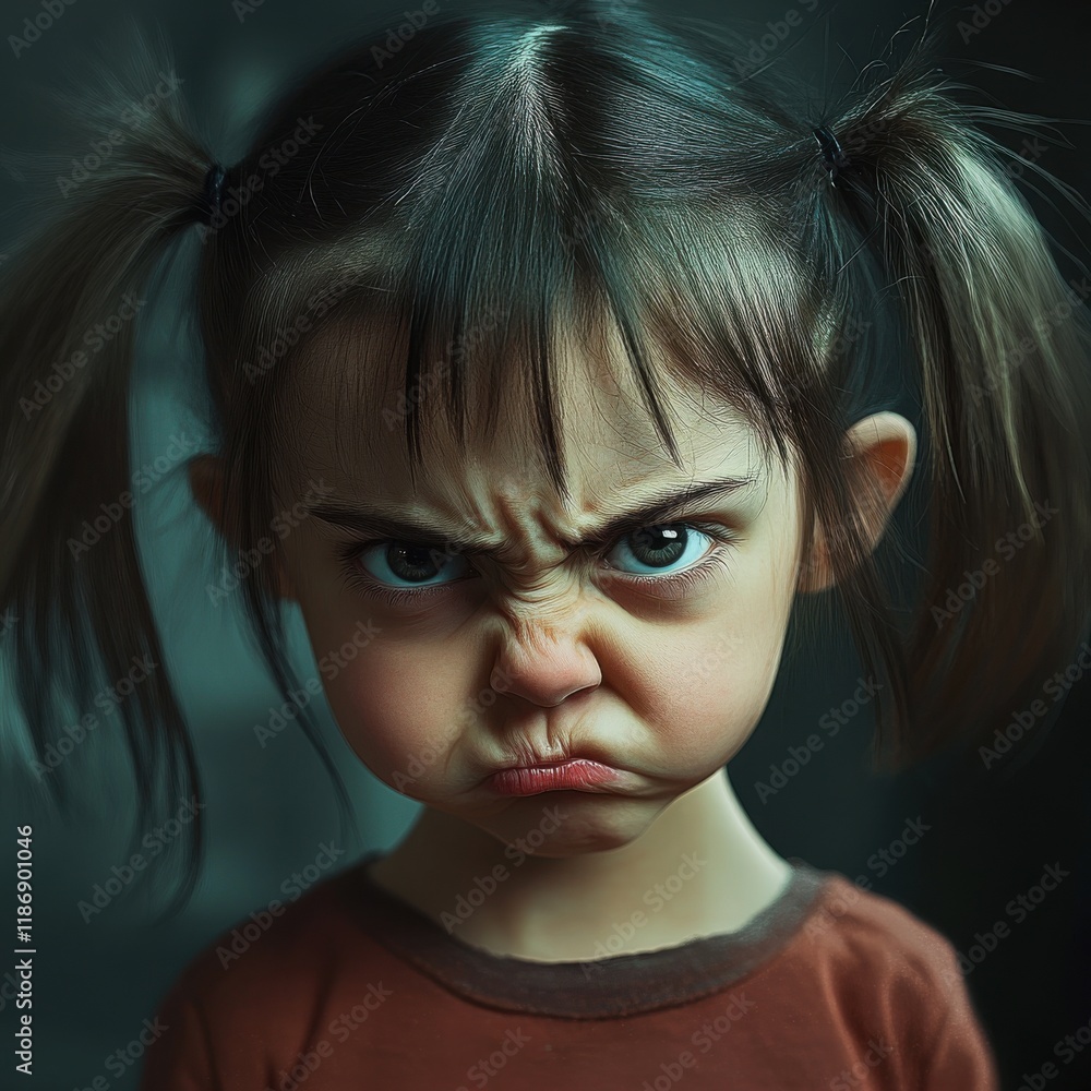 Expressive child showing frustration with pouting lips and furrowed brow in a dimly lit setting Expressive child showing frustration with pouting lips and furrowed brow in a dimly lit setting