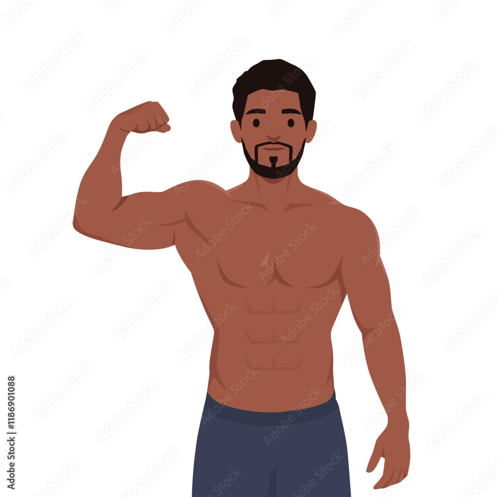 Young muscular man flexing bicep. Flat vector illustration isolated on white background Young muscular man flexing bicep. Flat vector illustration isolated on white background