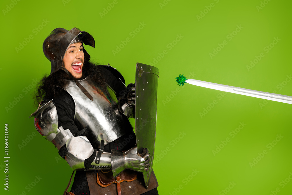 Naklejka premium Medieval knight in armor humorously defending against a symbolic virus on bright green background