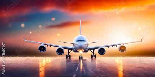 Airplane on Runway at Sunset