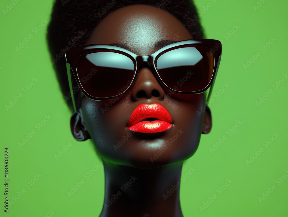 Bold fashion statement with striking sunglasses and vibrant lips against a bright green backdrop Bold fashion statement with striking sunglasses and vibrant lips against a bright green backdrop