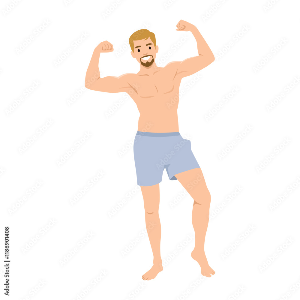 Young muscular man flexing biceps and smiling happy. Flat vector illustration isolated on white background Young muscular man flexing biceps and smiling happy. Flat vector illustration isolated on white background