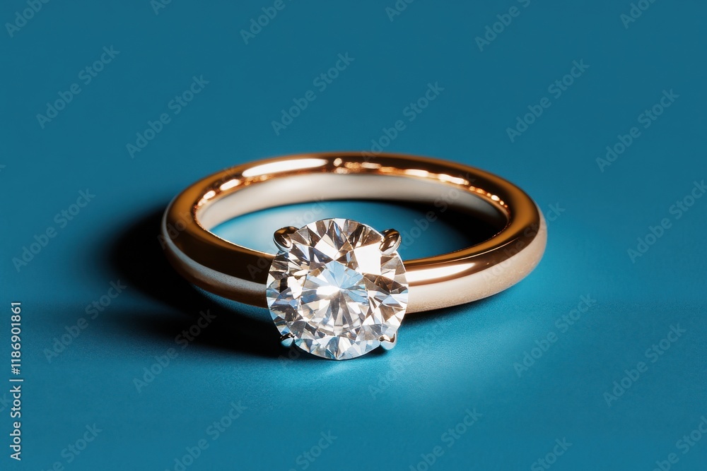 Elegant solitaire engagement ring with round diamond on blue background showcasing timeless jewelry design and craftsmanship Elegant solitaire engagement ring with round diamond on blue background showcasing timeless jewelry design and craftsmanship
