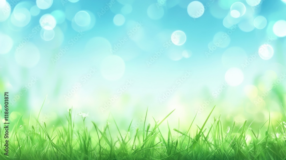 Beautiful sunny spring meadow with green grass and blue sky. Abstract background with light bokeh and space for text Beautiful sunny spring meadow with green grass and blue sky. Abstract background with light bokeh and space for text