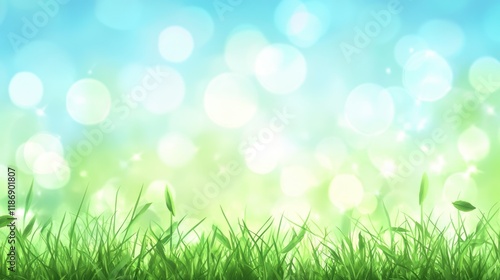 Beautiful sunny spring meadow with green grass and blue sky. Abstract background with light bokeh and space for text