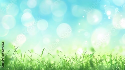 Beautiful sunny spring meadow with green grass and blue sky. Abstract background with light bokeh and space for text