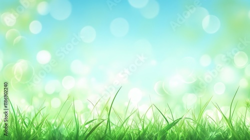 Beautiful sunny spring meadow with green grass and blue sky. Abstract background with light bokeh and space for text