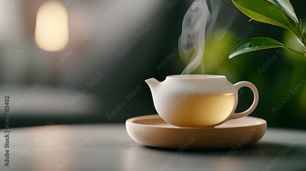 calming tea ceremony featuring steaming teapot on wooden tray, surrounded by greenery, creates serene atmosphere in cozy living room calming tea ceremony featuring steaming teapot on wooden tray, surrounded by greenery, creates serene atmosphere in cozy living room