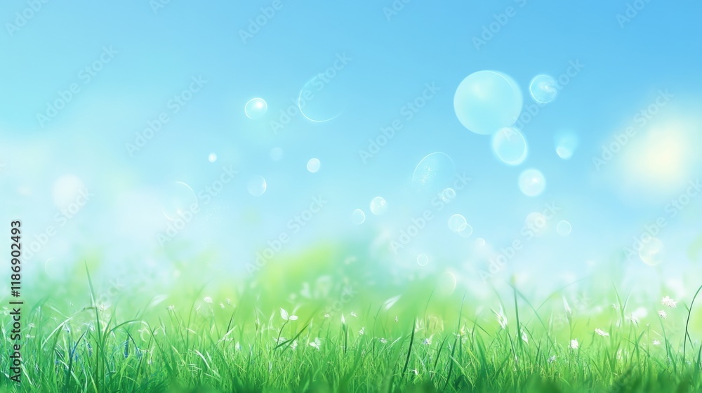 Beautiful sunny spring meadow with green grass and blue sky. Abstract background with light bokeh and space for text Beautiful sunny spring meadow with green grass and blue sky. Abstract background with light bokeh and space for text